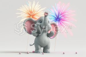 Cute chibi cartoon elephant with colourful fireworks