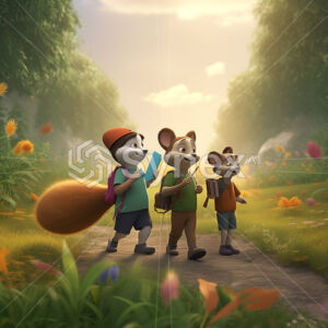 Friends walking in a lush meadow