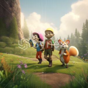 Friends walking through a lush meadow on a beautiful sunny day