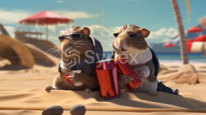 Guinea pigs wearing sunglasses posing on the sandy beach
