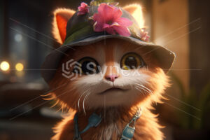 Cute cat in hat with flowers - ultra realistic