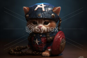 Cute and anthropomorphic kitten in costume and shield