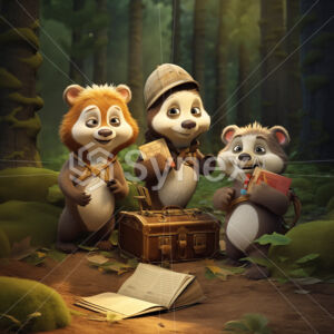 Cute furry friends posing with their treasure in the magical forest