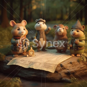 Four adorable animal friends gather to plan their day