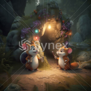 Two friends discovering a hidden cave with magical glows
