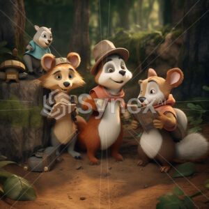 Delightful scene of adorable animal friends read their books