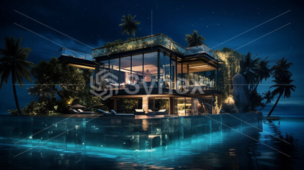 A glassed walled villa surrounded by trees and the sea at night