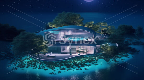 Island at the middle of the ocean with an extremely luxurious glass and pastel walled villa