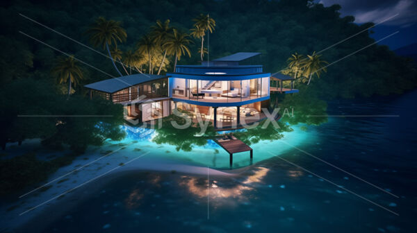 Secluded island oasis: luxurious glass villa amidst jungle and sea