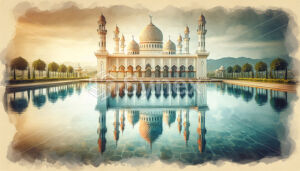 A serene watercoloured scene of a mosque reflected in calm waters