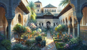 A lush Andalusian courtyard oasis with watercolours