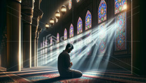 A solitary figure engaged in prayer amidst the quietude of a mosque
