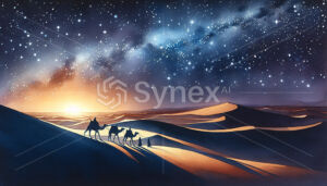 A dreamy watercolour scene of a camel caravan traversing a starlit Sahara night