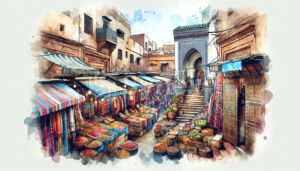 The bustling streets of a Moroccan medina with colourful market stalls