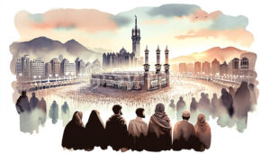 The watercoloured combination of the Grand Mosque and the Prophet's Mosque