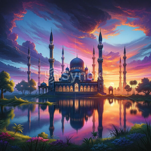 Serene beauty of a Mosque at dusk, with its minarets silhouetted against a colorful sky