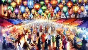 A lively watercolour painting of colourful Ramadan lanterns
