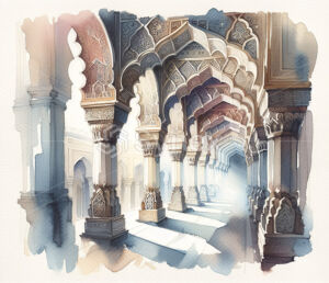 An illustration the timeless beauty of Islamic archways with delicate watercolour washes