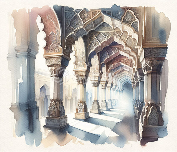 An illustration the timeless beauty of Islamic archways with delicate watercolour washes