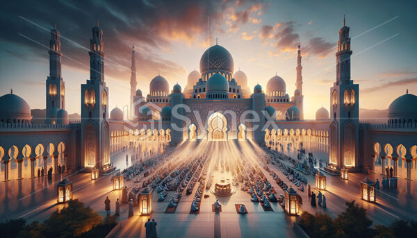 Worshippers gathering at dawn to pray outside a Mosque