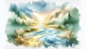 The tranquil flow of a river in Jannah with soft watercolours