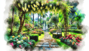 A lush garden reminiscent of paradise, with blooming flowers and fountains