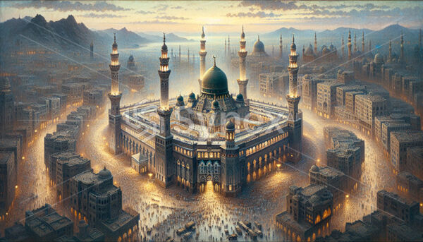 A surreal montage of mosques, minarets, and cultural landmarks from across different regions