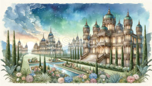 Opulent palaces and mansions in Jannah with soft watercolours
