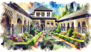 The enchanting gardens of the Alhambra palace, with vibrant watercolours capturing the lush greenery