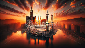 A depiction of the Grand Mosque surrounded by water