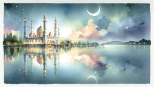 A serene scene of a mosque reflected in calm waters under the glow of a crescent moon