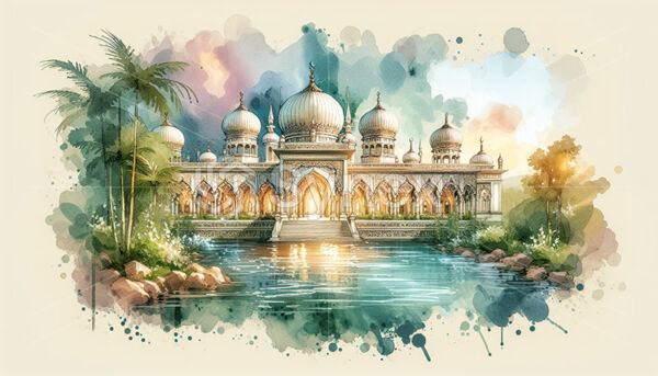 A watercolour painting of a mosque reflected in a still pond