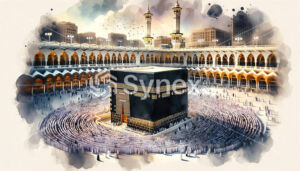 A watercolour painting that captures the Kaaba at the Grand Mosque in Makkah