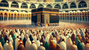 A portray of pilgrims performing worship, with the Kaaba as the focal point