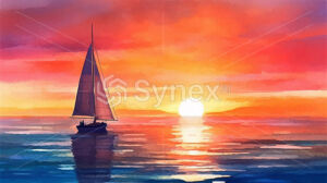 Watercolour seascape of sailboat silhouette at sunset