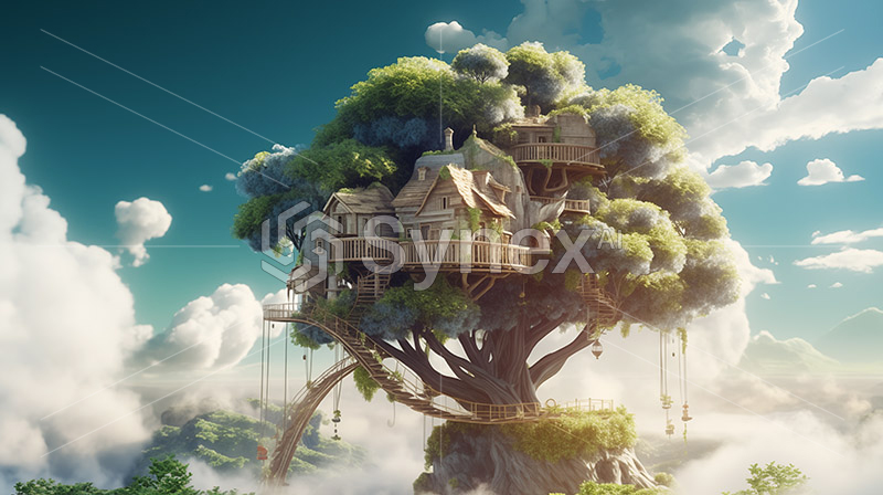 Cloudscape Retreat: Surreal Treehouse Fantasy
