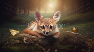 Surreal Fox posing with its Bird and Butterfly Fairy Tale Friends