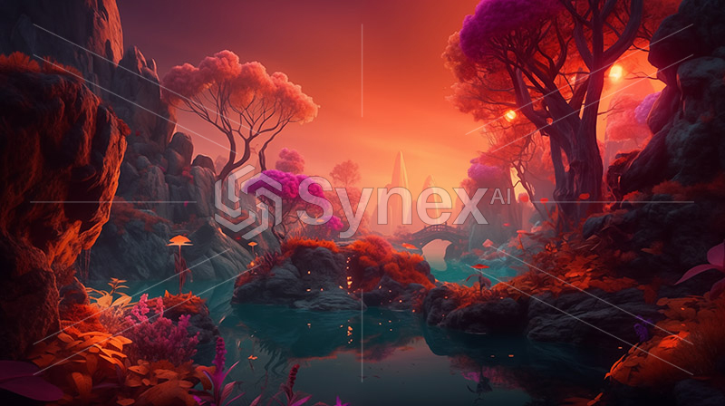 Surreal Sunset Haven: Enchanted Woodland with Cliffs and mountains