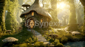 Fairy house in a green sunlit forest